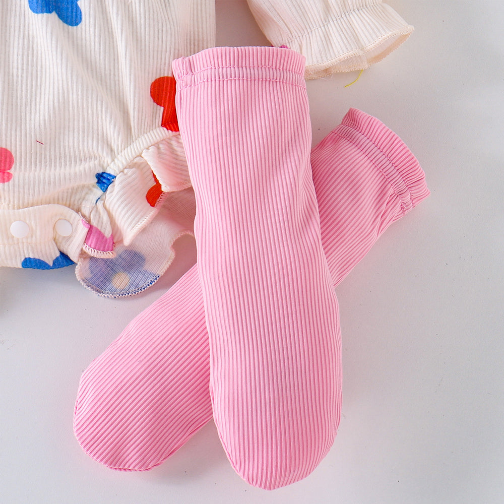 3PCS Graceful Floral Printed Bow Baby Girl Romper
