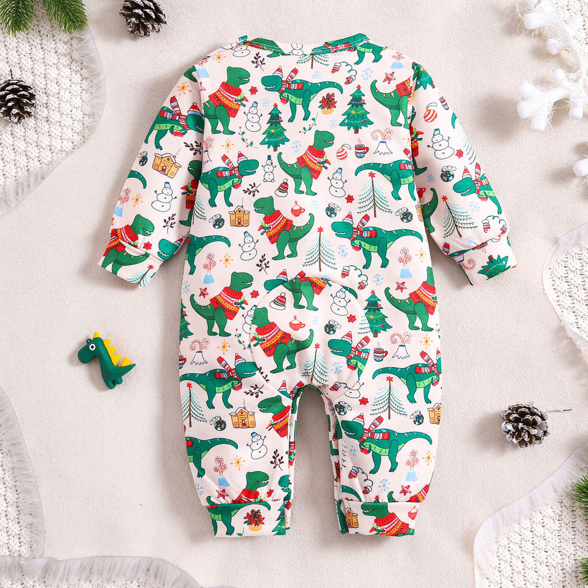 Lovely Christmas Dinosaur Print Long Sleeve Baby Jumpsuit