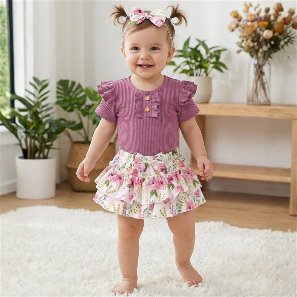 3PCS Summer Stylish Floral Printed Bow Short Sleeve Baby Set
