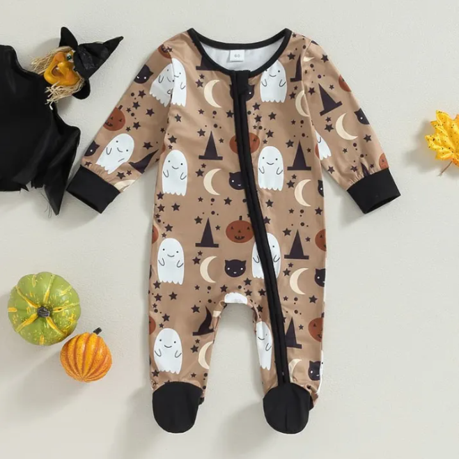 Cute Halloween Ghost Printed Long Sleeve Zipper Baby Jumpsuit