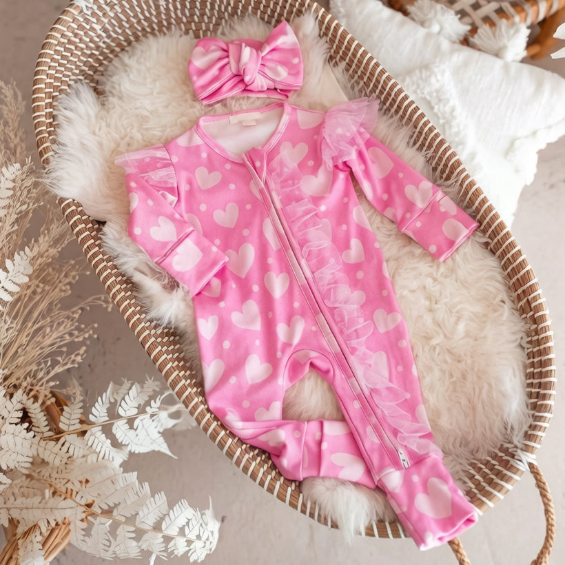 2PCS Pretty Heart Print Tulle Zipper Long Sleeve Baby Jumpsuit