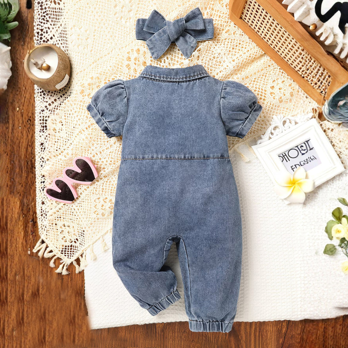 2PCS Heart Printed Puff Sleeve Baby Denim Jumpsuit