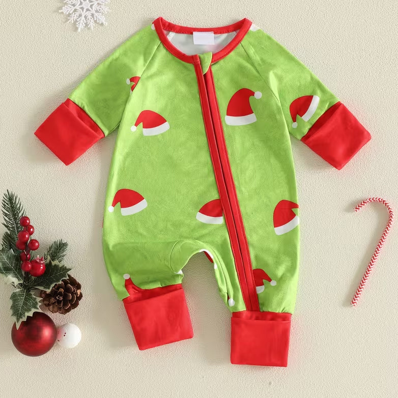 Lovely Santa Hat Printed Color Block Long Sleeve Zipper Baby Jumpsuit
