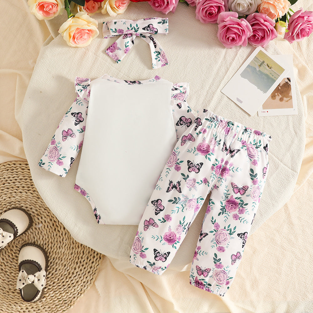 3PCS Charming The Princess Has Arrived Letter Floral Print Baby Set