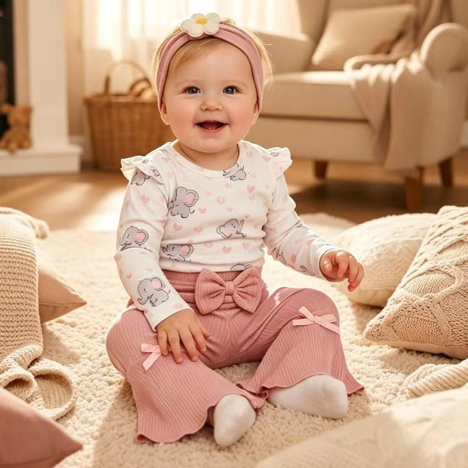 3PCS Sweet Elephant and Floral Print Long Sleeve Baby Girl Set