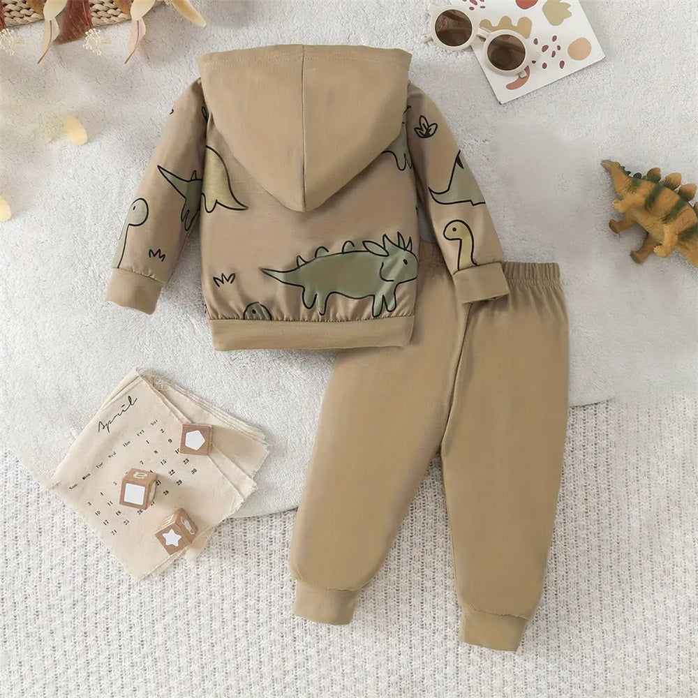 2PCS Boys' Cartoon Dinosaur Print Hooded Long Sleeve Baby Set