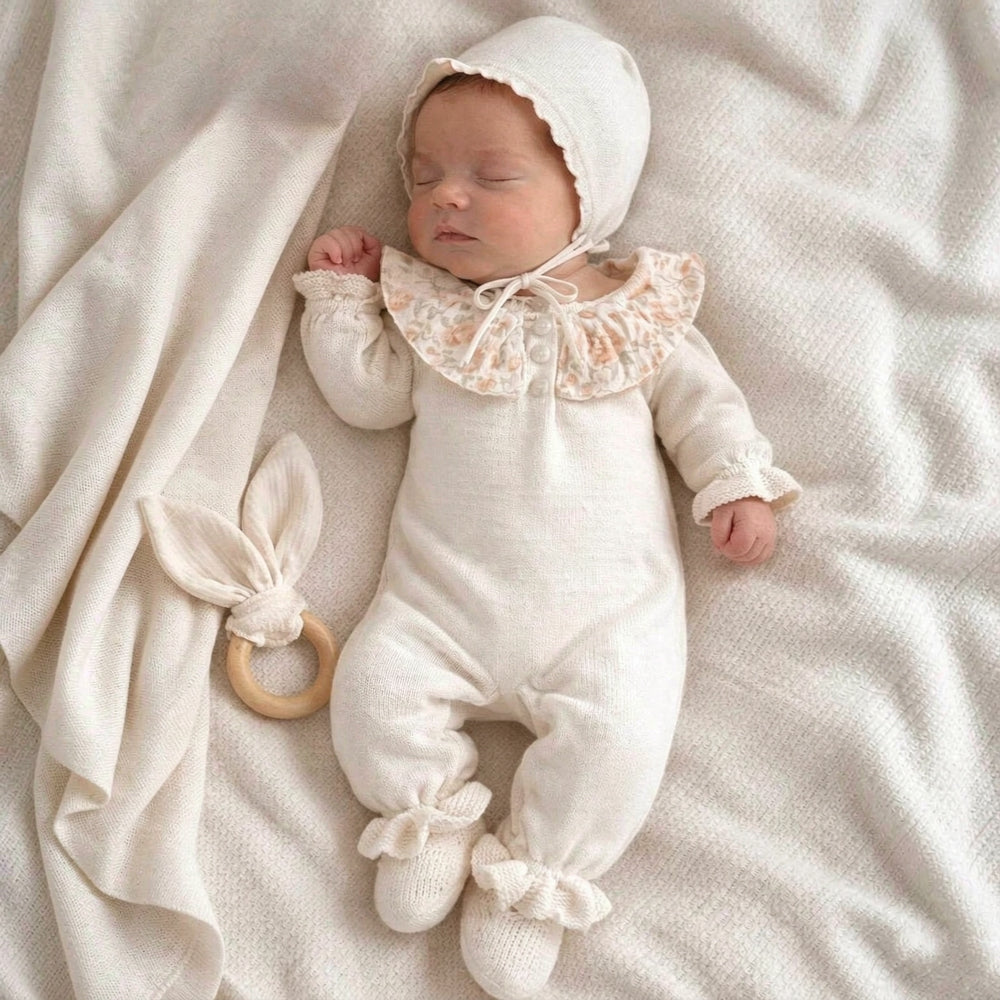 2PCS Quirky Floral Printed Knit Long Sleeve Baby Jumpsuit