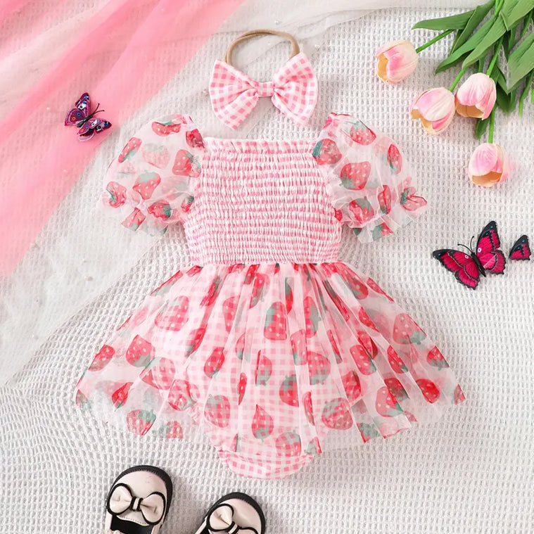 2PCS Strawberry Printed Short Sleeve Smocked Baby Romper