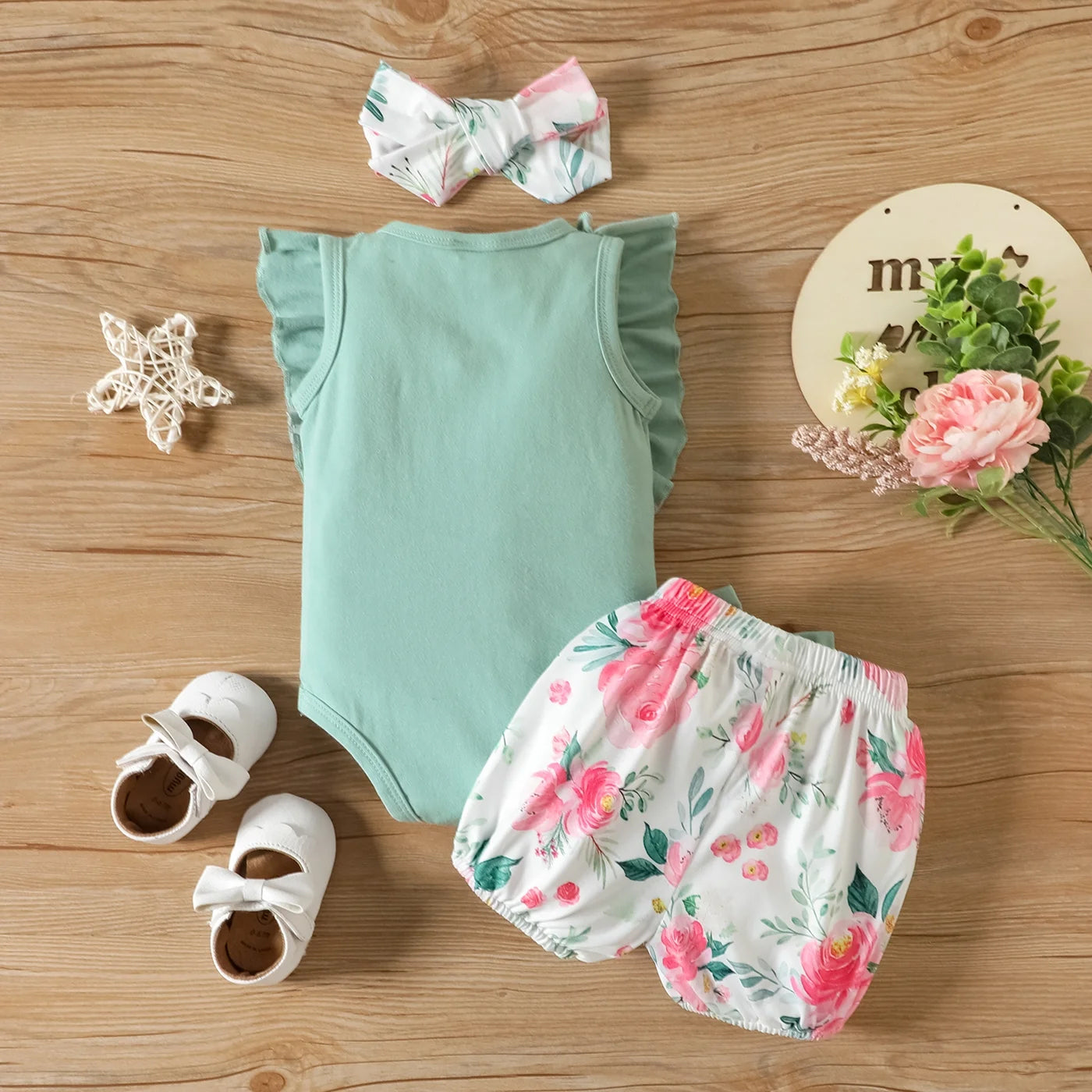 3PCS Mama's Girl Letter Floral Printed Sleeveless Baby Set