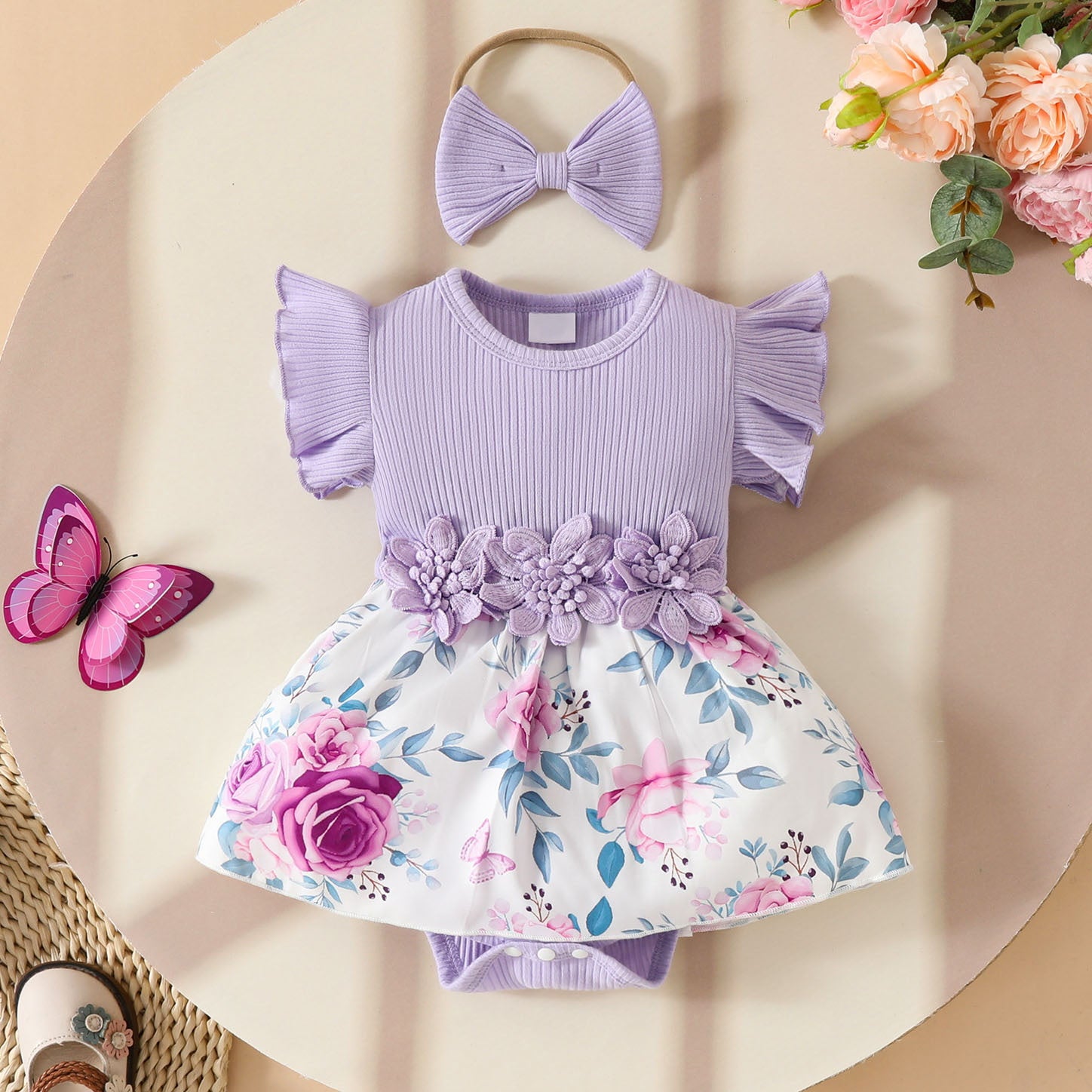 2PCS Grace Floral Printed Fly Sleeve Baby Romper