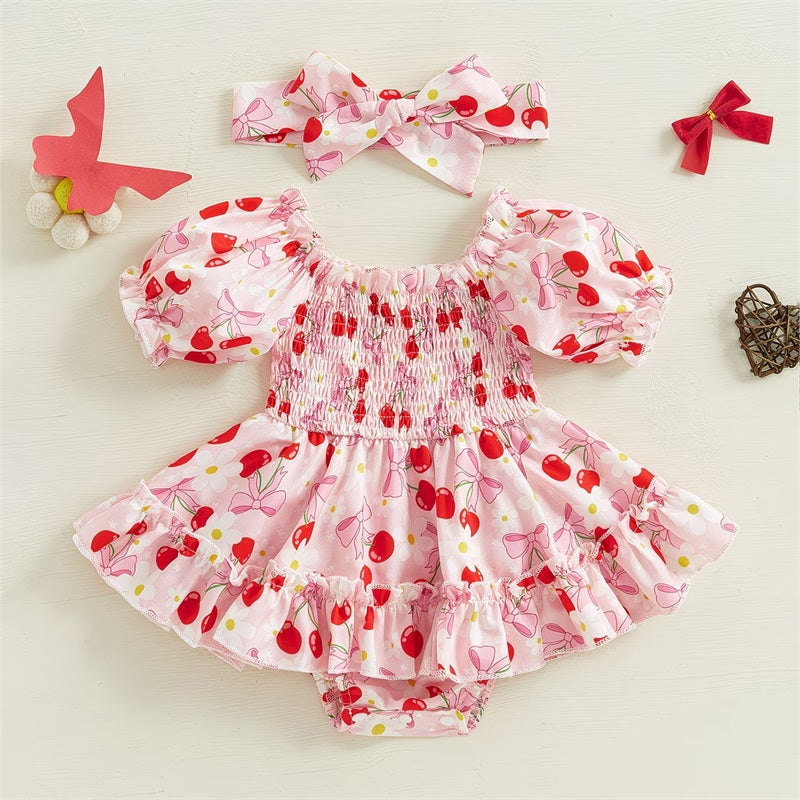 2PCS Lovely Cherry Printed Short Sleeve Baby Romper