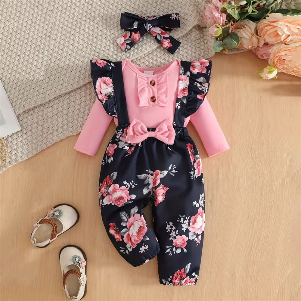 3PCS Floral Print Bow Decorate Long Sleeve Baby Overalls Set