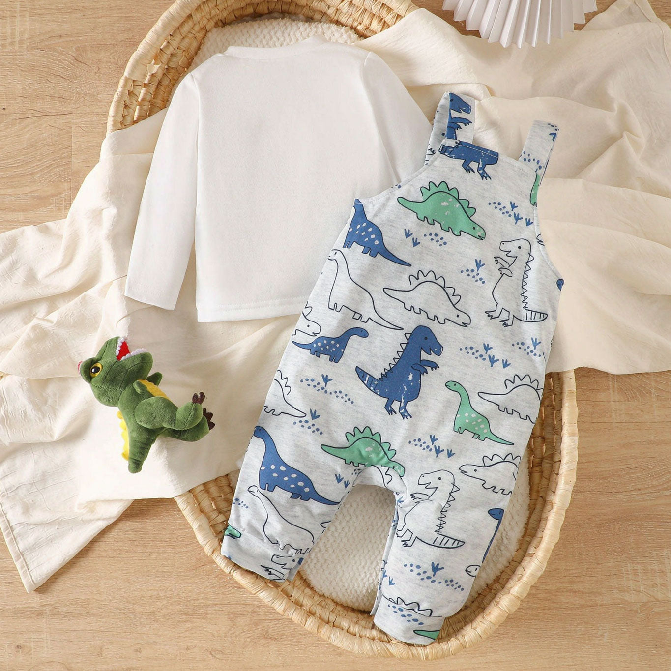 2PCS Cute Dinosaur Print Long Sleeve Baby Boy Overalls Set