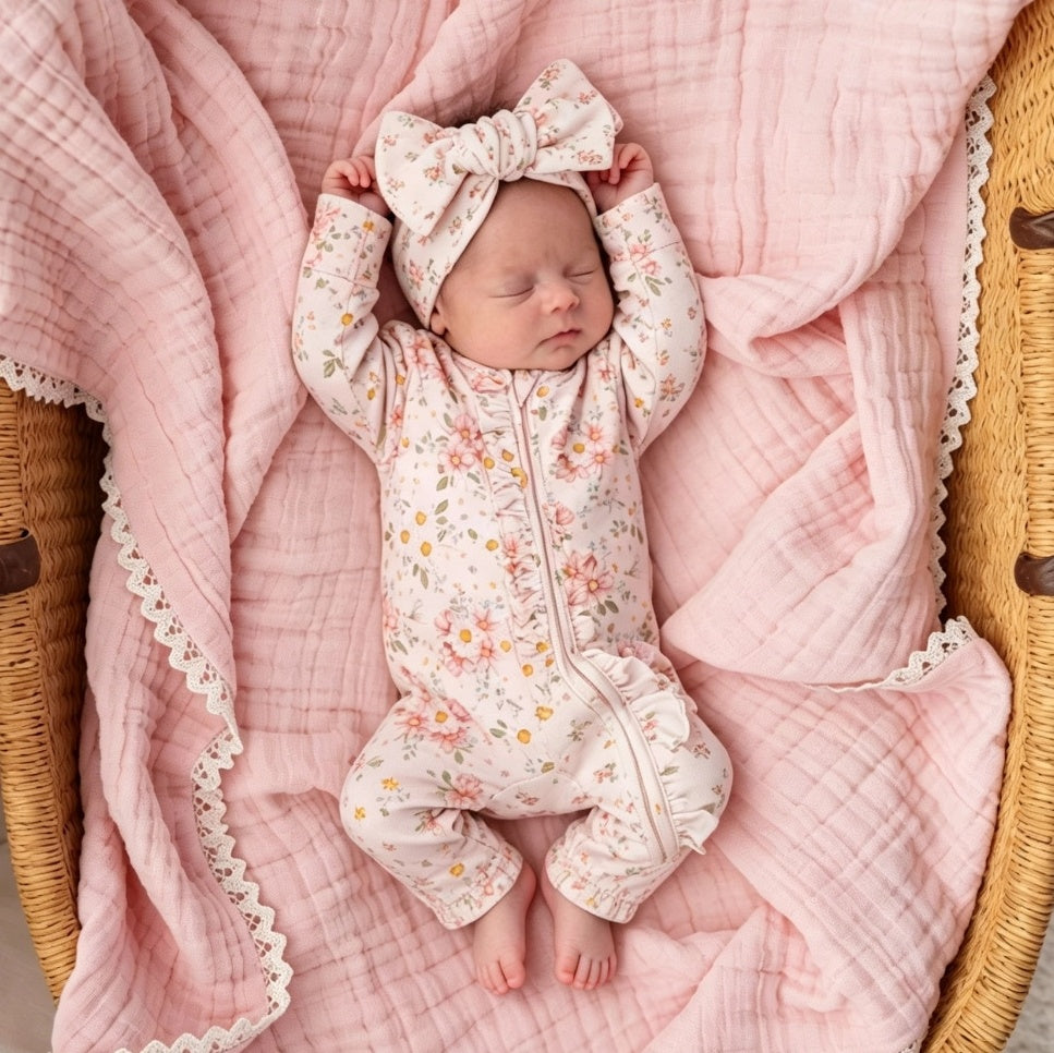2PCS Quirky Floral Printed Ruffle Zipper Long Sleeve Baby Jumpsuit