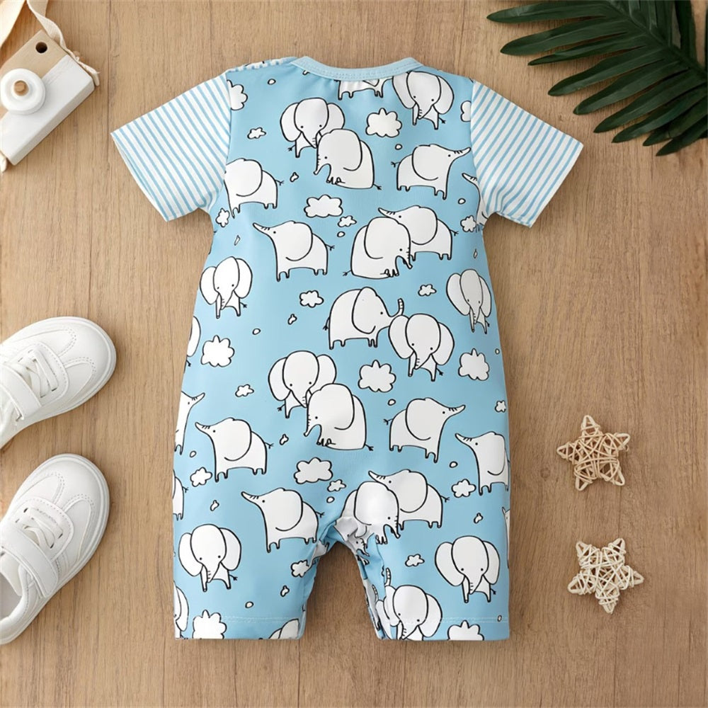 Summer Elephant Printed Striped Short Sleeve Baby Jumpsuit