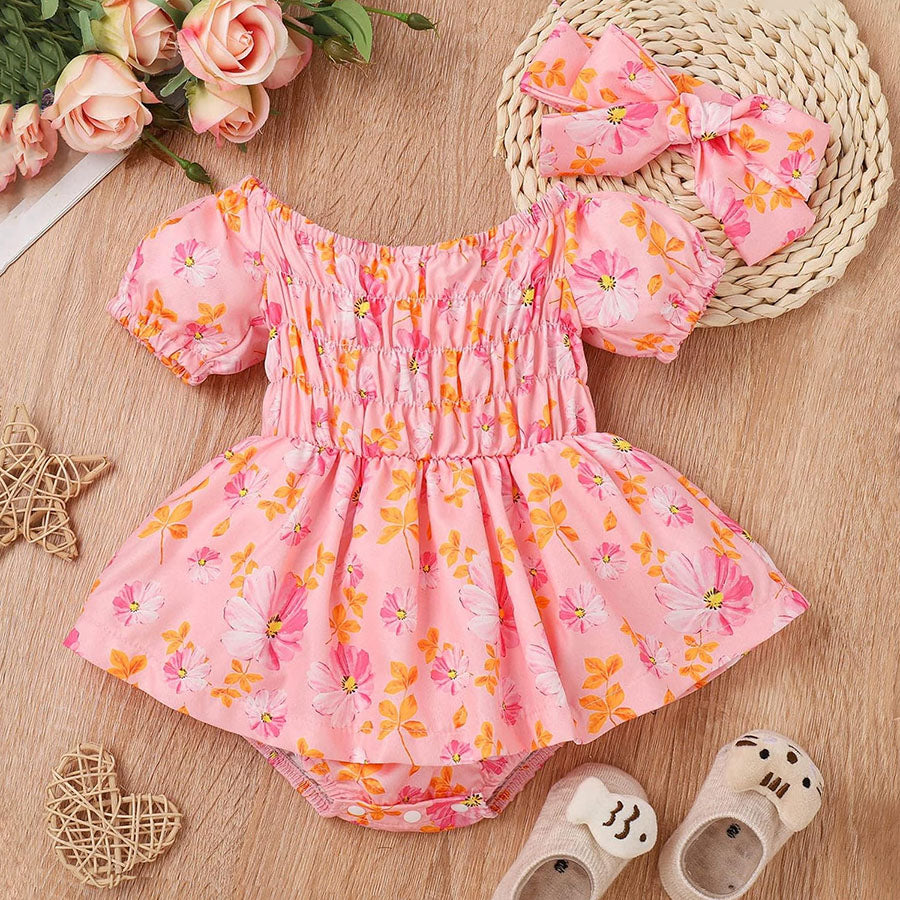 2PCS Summer Pretty Floral Printed Short Sleeve Baby Romper