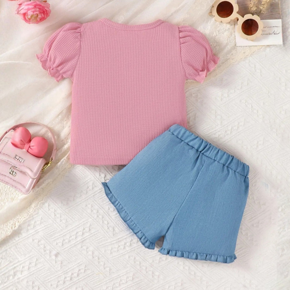 2PCS Fashion 3D Bow Printed Waffle Short Sleeve Baby Set