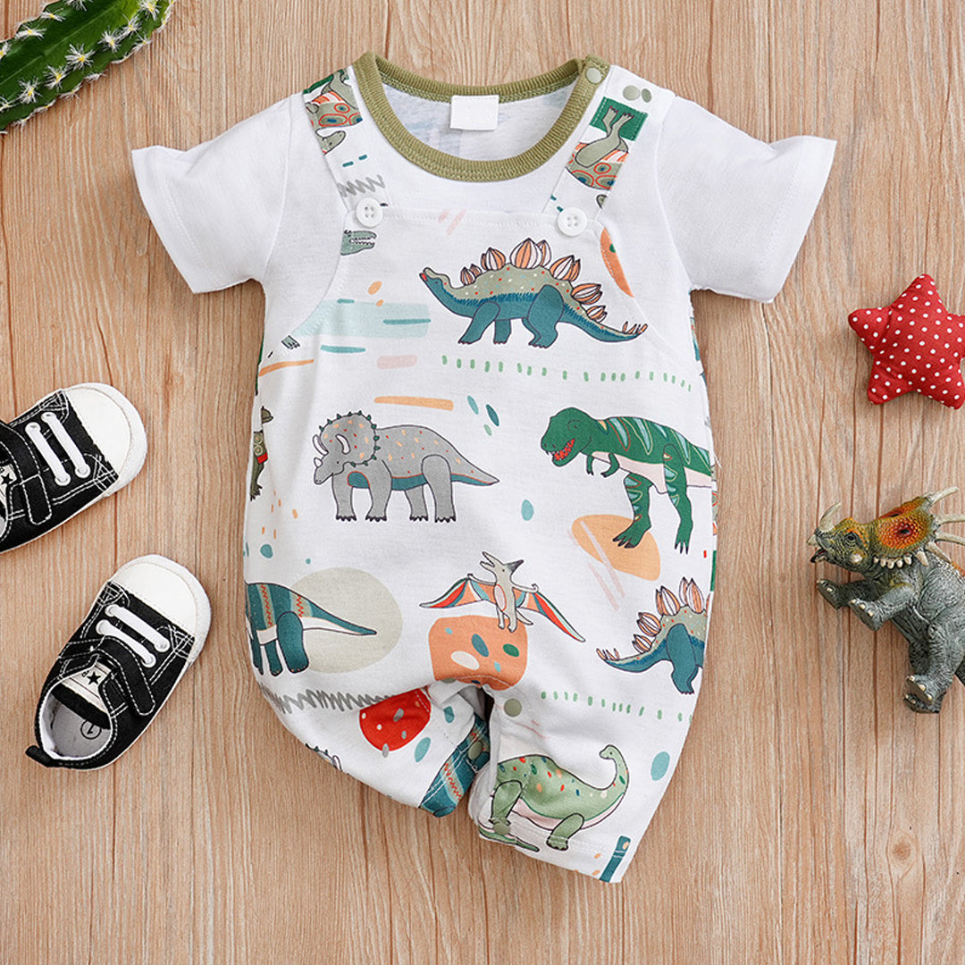 2pcs Baby Boy Letter Print Short-sleeve Hooded Romper and Camo Dino Print Shorts Set