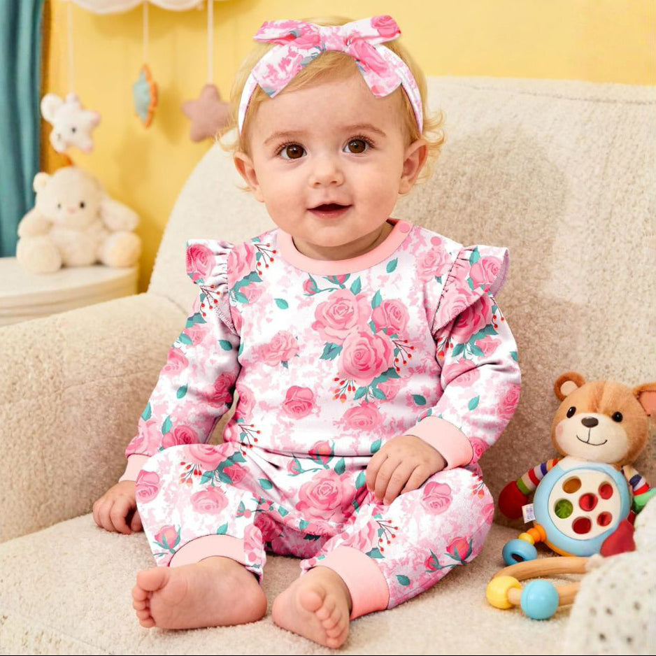 2PCS All Floral Printed Long Sleeve Baby Jumpsuit