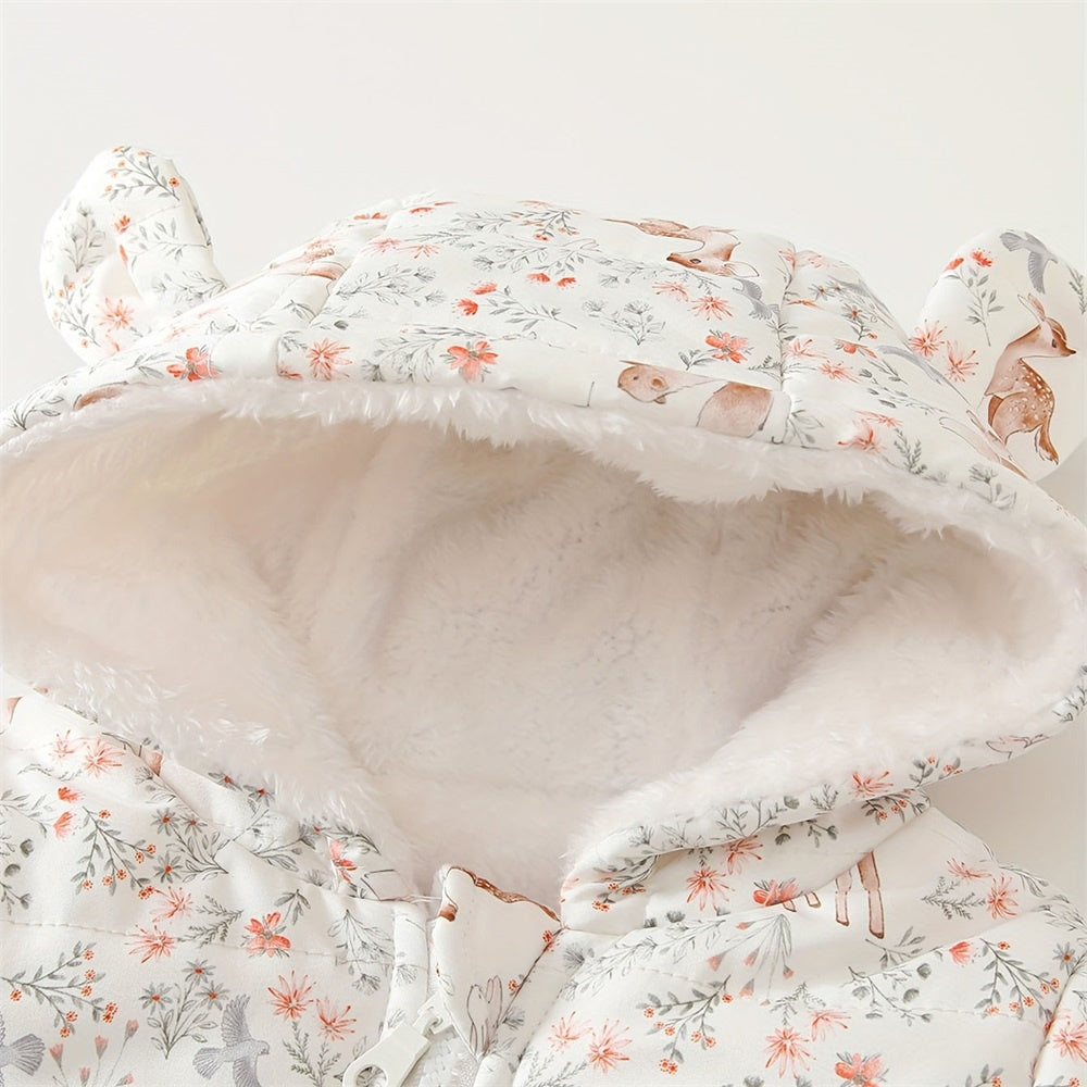 Winter Animal Print Long Sleeve Plush Hooded Jumpsuit