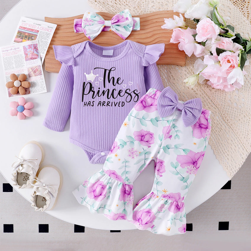 3PCS The Princess Has Arrived Letter Floral Printed Long Sleeve Baby Set