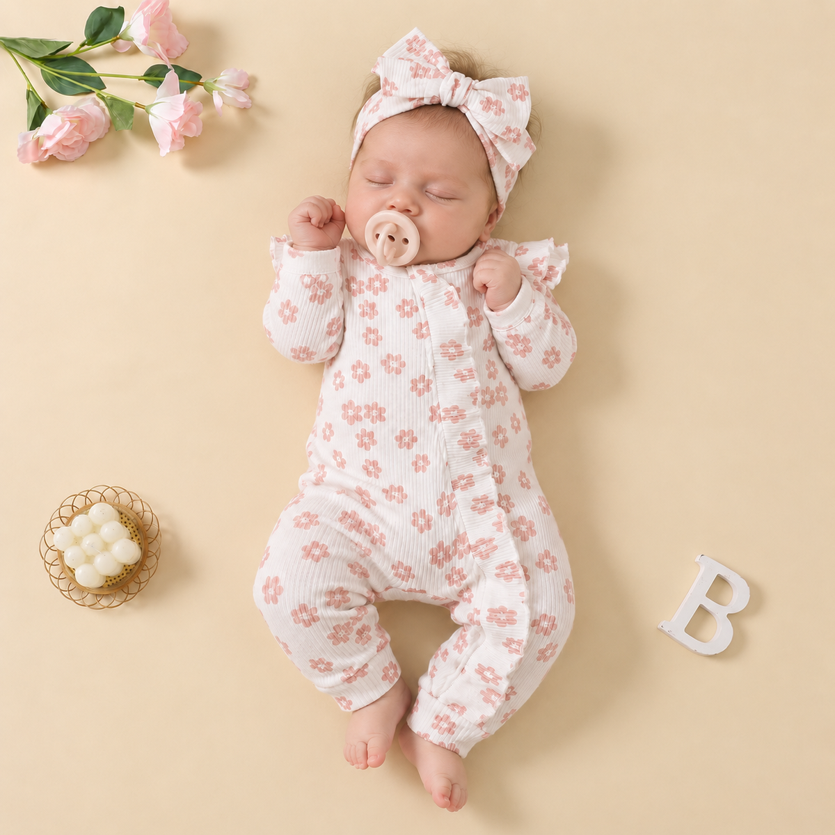 2PCS Pretty Floral Printed Ruffle Decor Long Sleeve Baby Jumpsuit