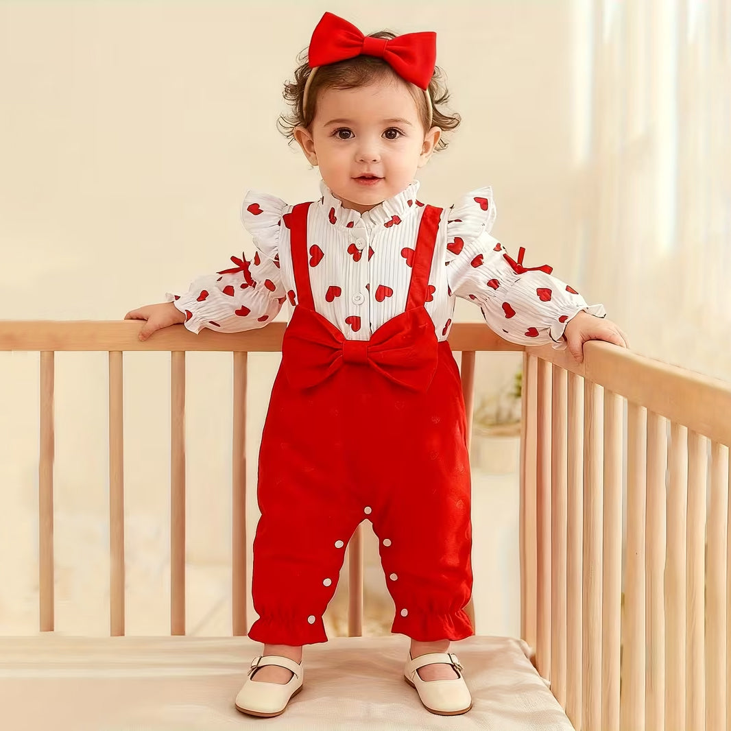 2PCS Stylish Heart Print Long Sleeve Baby Jumpsuit