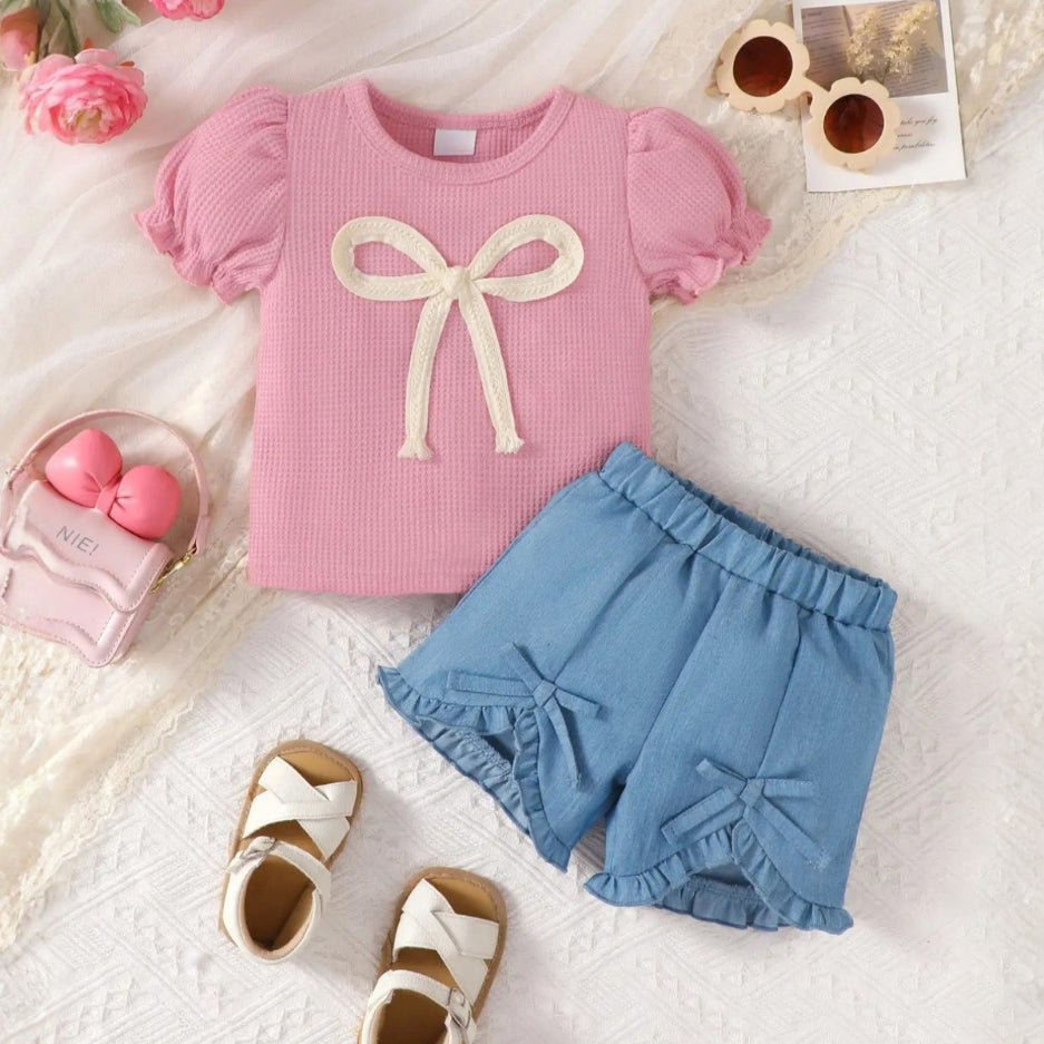 2PCS Fashion 3D Bow Printed Waffle Short Sleeve Baby Set