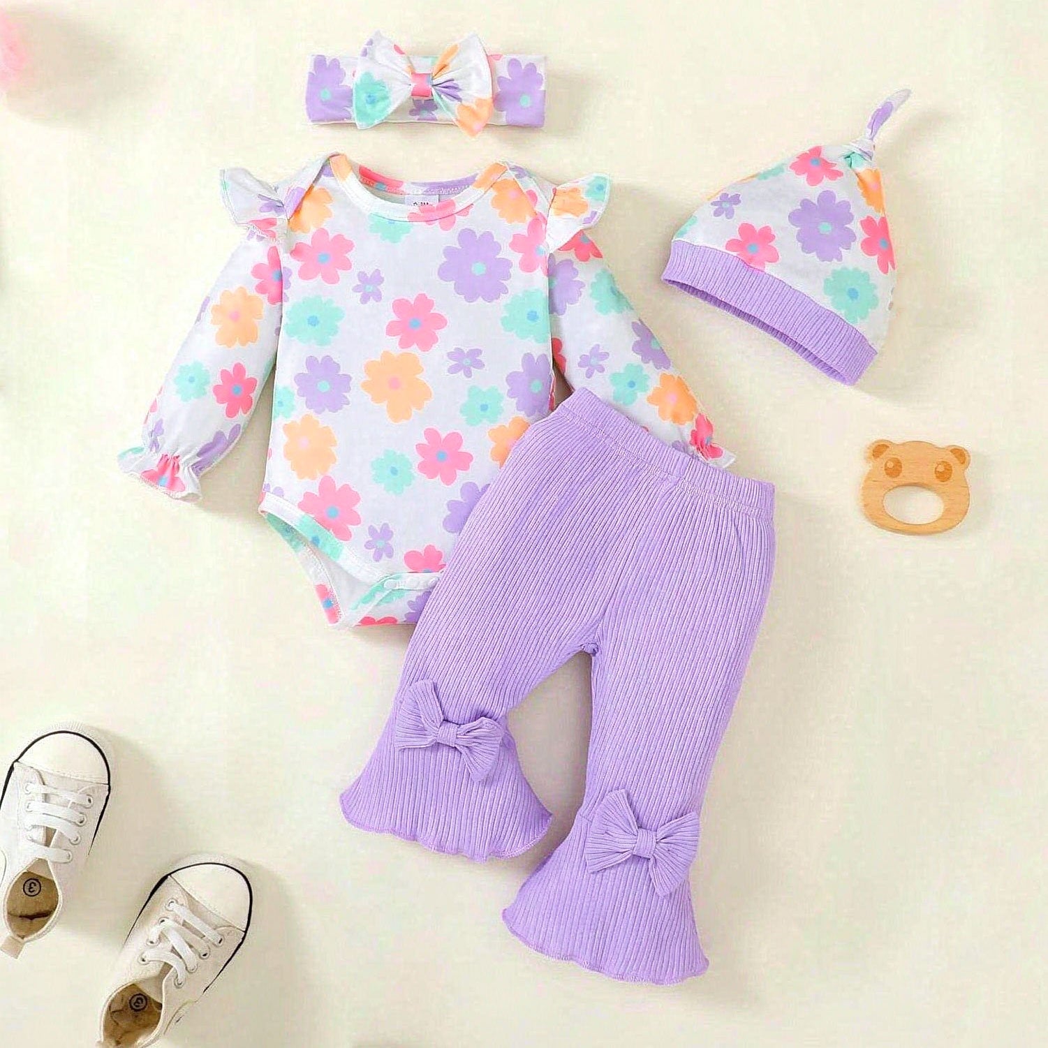 4PCS Bubbly Floral Printed Long Sleeve Baby Set