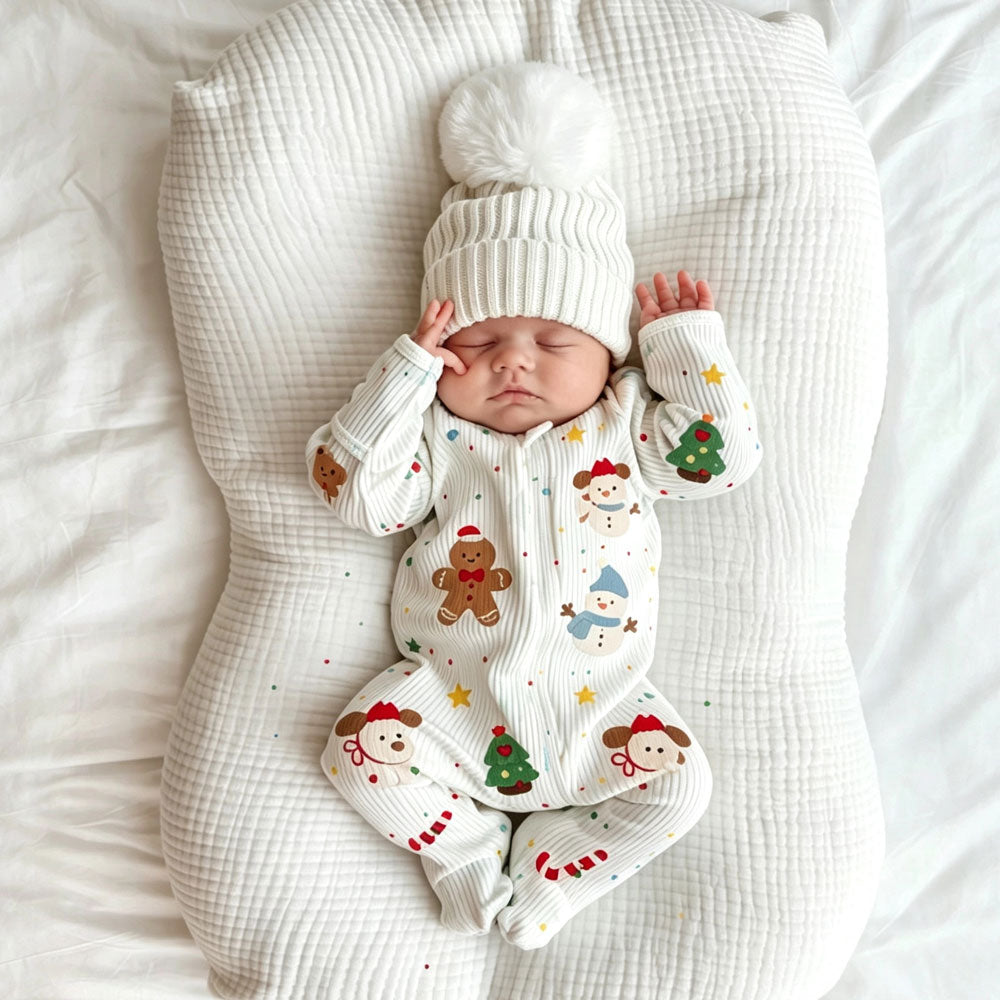 Christmas Gingerbread Snowman Print Zipper Long Sleeve Baby Jumpsuit