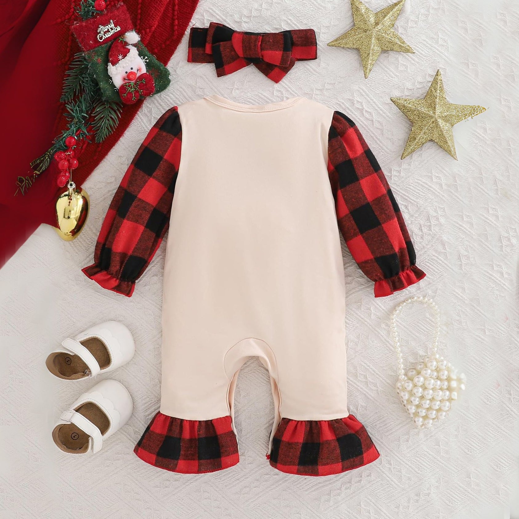 2PCS Christmas Deer Plaid Printed Baby Jumpsuit