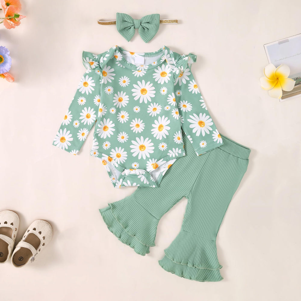 3PCS Fresh Daisy Printed Long Sleeve Flared Pants Baby Set