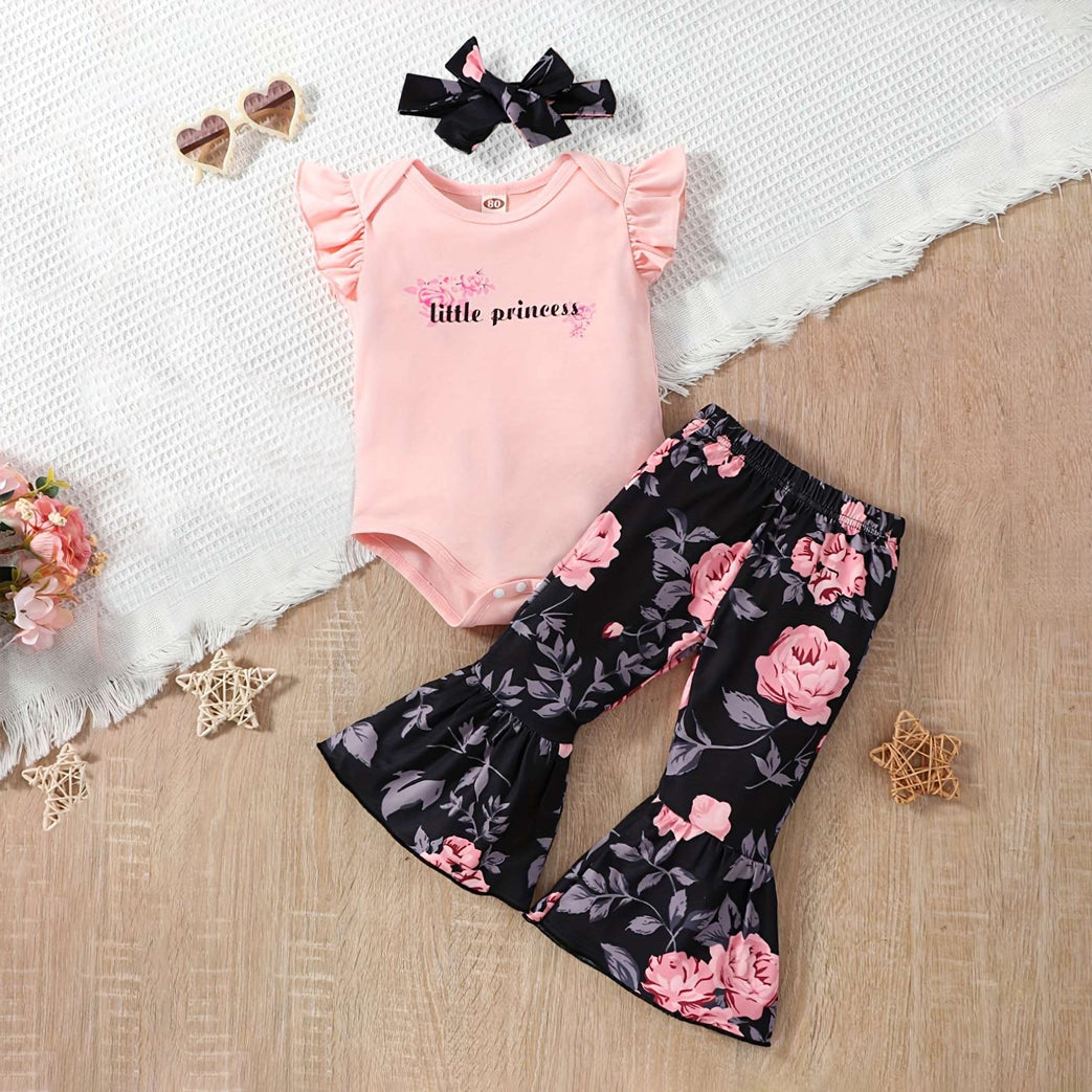 3PCS Pretty Little Princess Letter Floral Print Baby Set