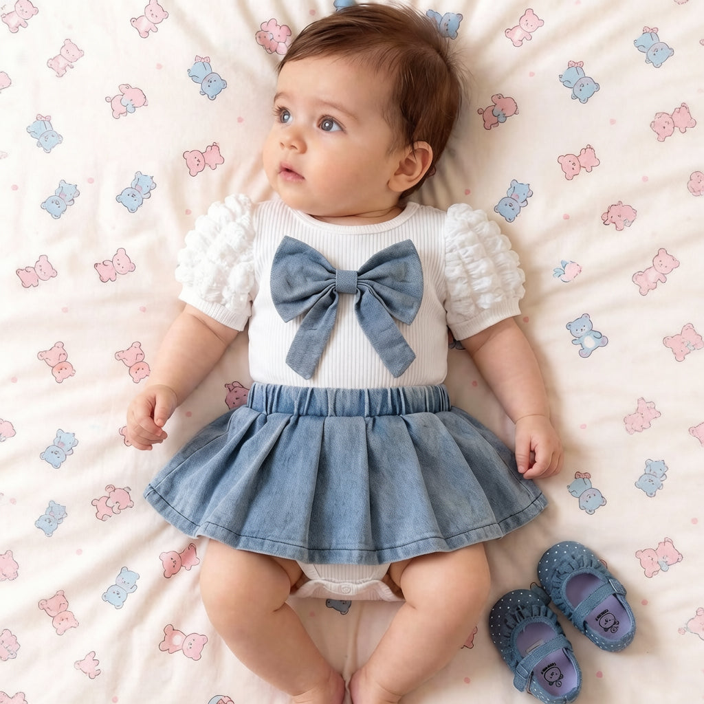 2PCS Pure Bowknot Decor Short Sleeve Denim Baby Set