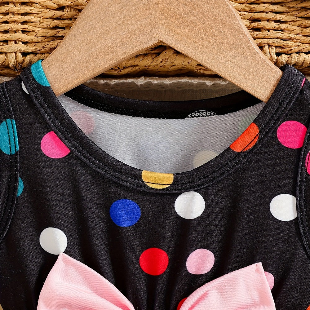 2PCS Polka Dot Printed Bow Sleeveless Baby Romper