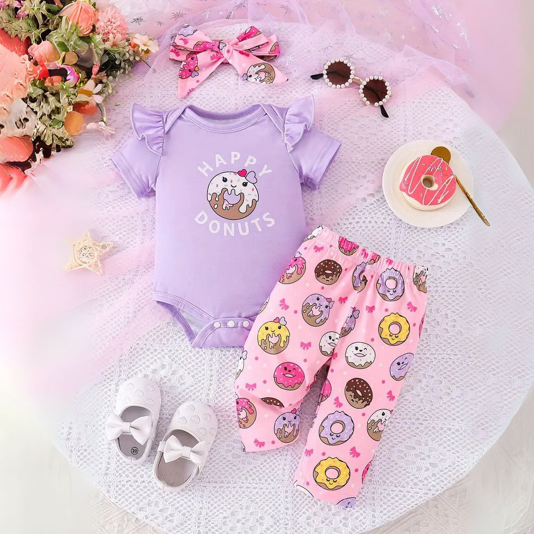 3PCS Happy Donuts Letter Printed Short Sleeve Baby Set