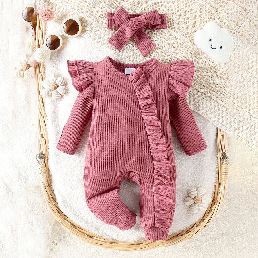 2PCS Cotton Solid Color Long Sleeve Ruffle Decor Baby Jumpsuit