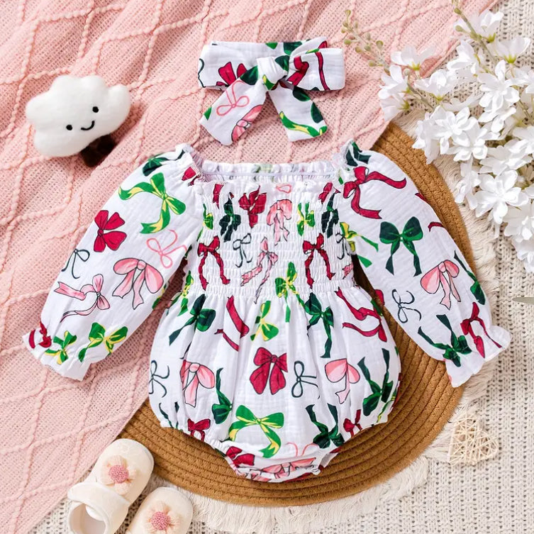 2PCS Bow Printed Long Sleeve Baby Romper