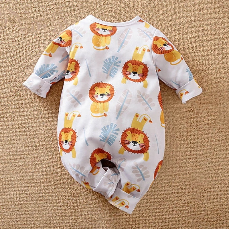 Casual Lion & Plant Printed Long Sleeve Zipper Baby Jumpsuit