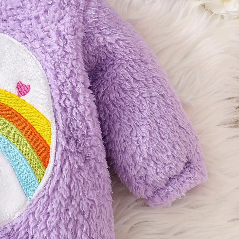 Plush Rainbow Bear Printed Long Sleeve Hooded Baby Jumpsuit