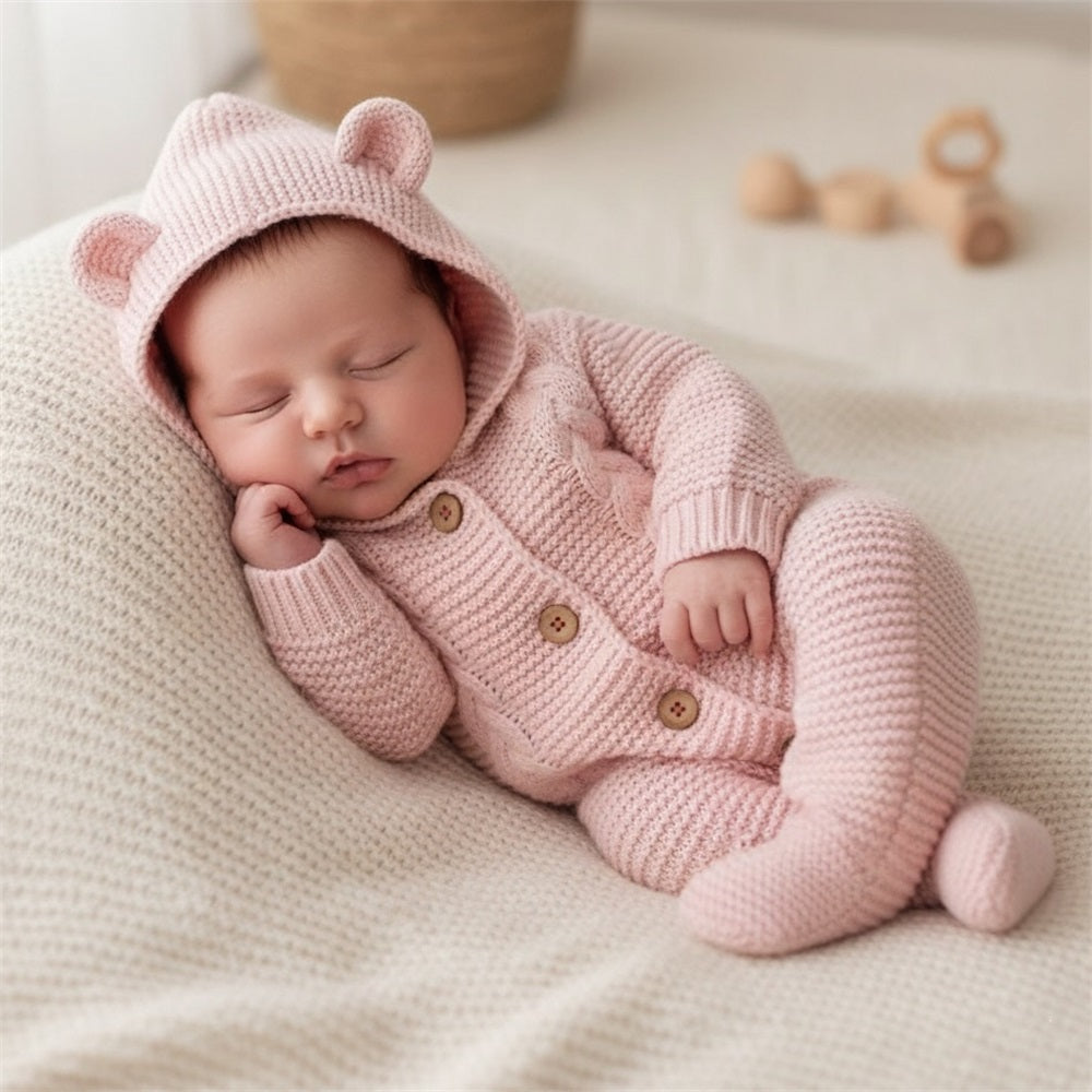 Cute Solid Color Knit Long Sleeve Baby Hooded Jumpsuit