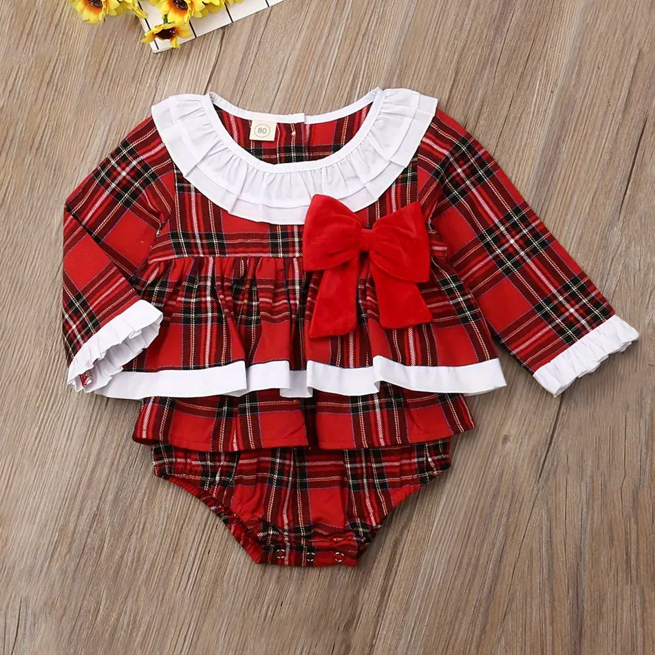 Christmas Plaid Printed Plaid Long Sleeve Baby Romper