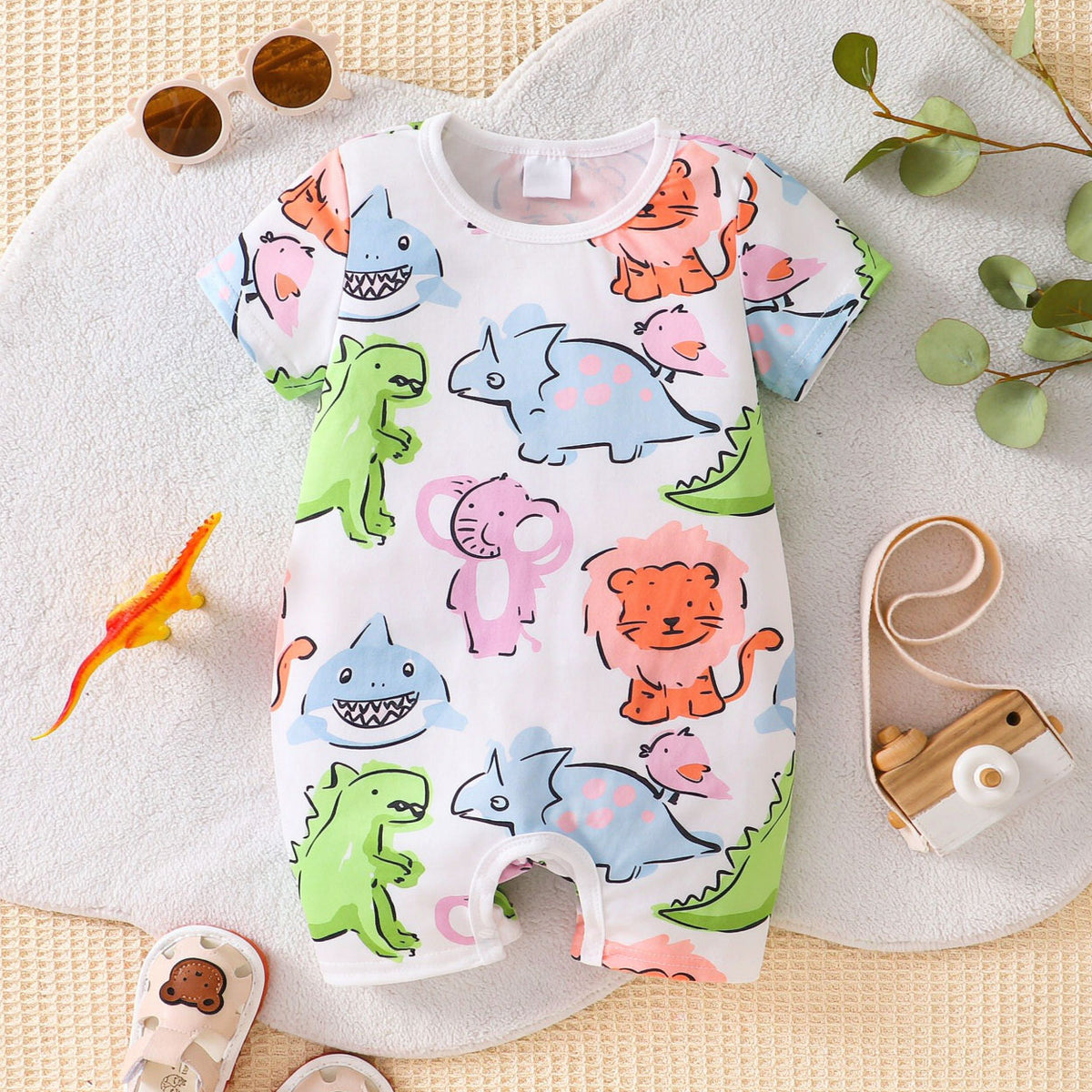Casual Allover Animal Printed Short Sleeve Baby Jumpsuit