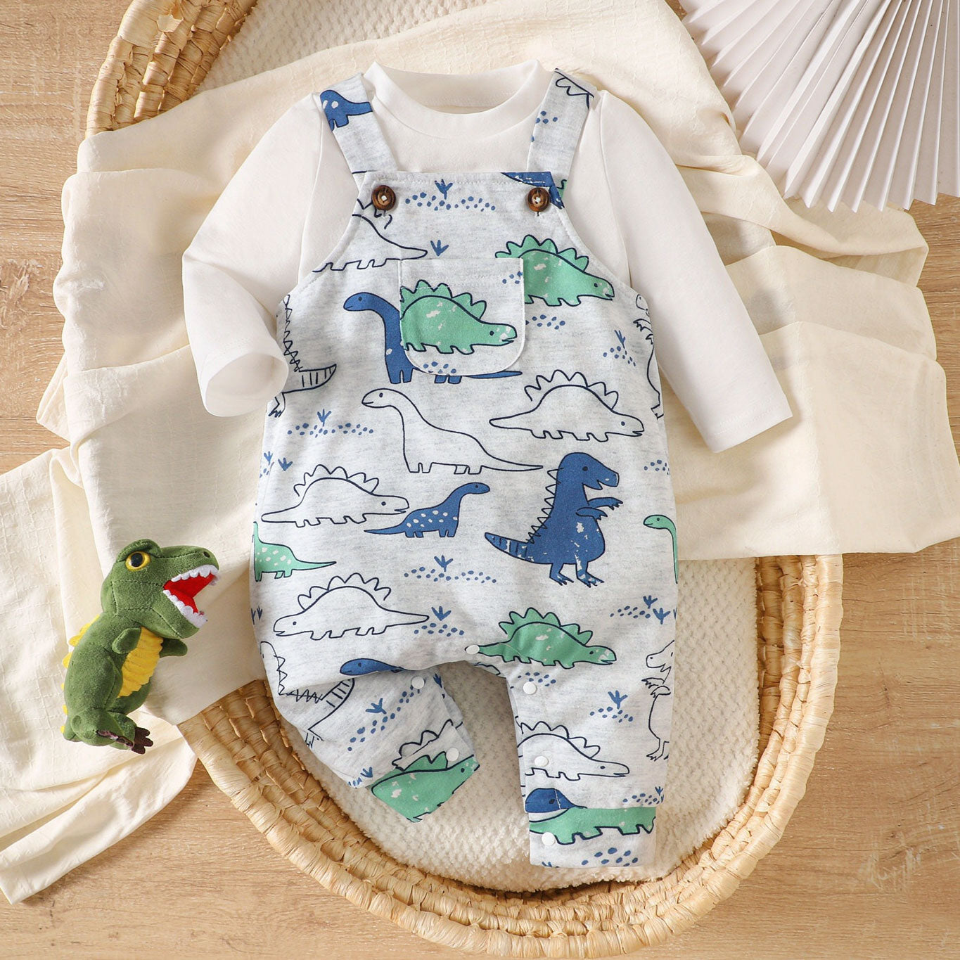 2PCS Cute Dinosaur Print Long Sleeve Baby Boy Overalls Set