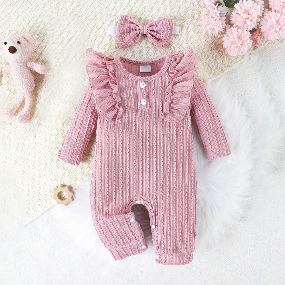 2PCS Casual Solid Color Ruffle Long Sleeve Baby Jumpsuit