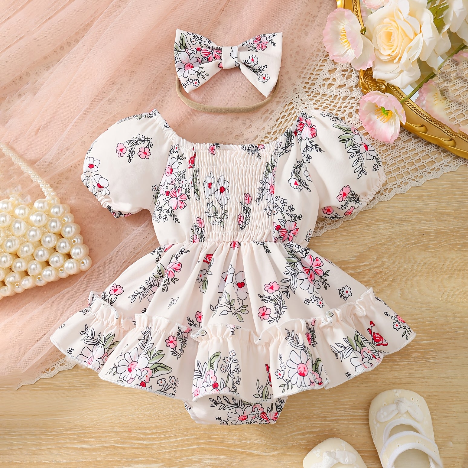 2PCS Romantic Floral Print Short Sleeve Baby Girl Romper