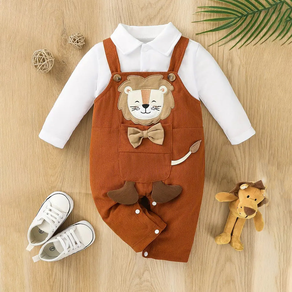 Cute Lion Embroidery Printed Long Sleeve Baby Jumpsuit