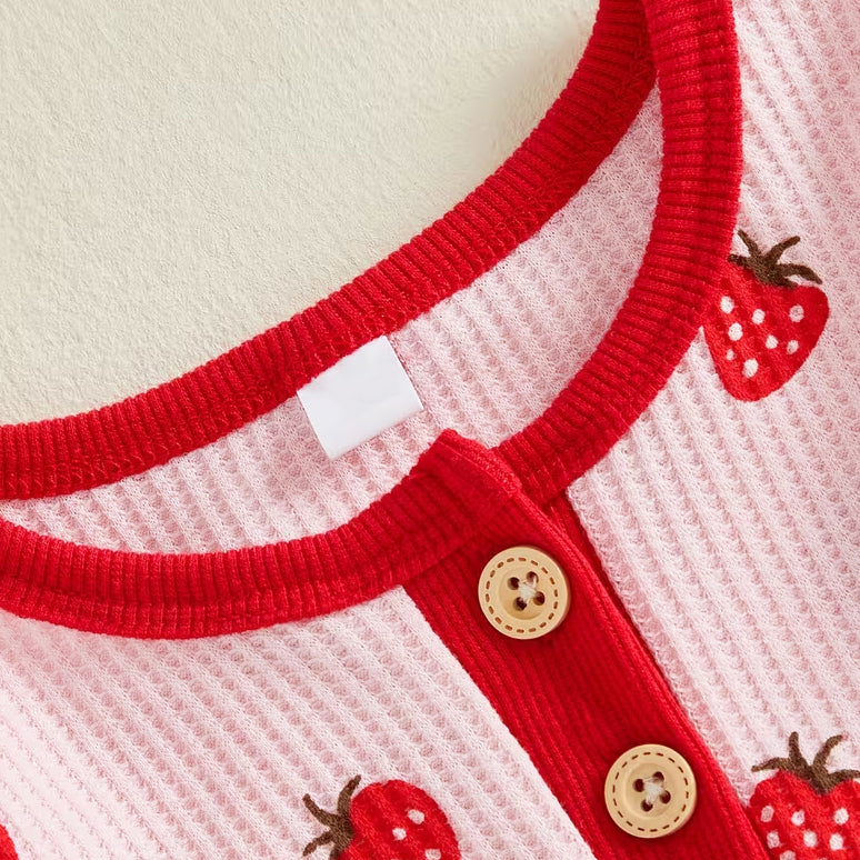Lovely Strawberry Print Waffle Long Sleeve Baby Girl Jumpsuit