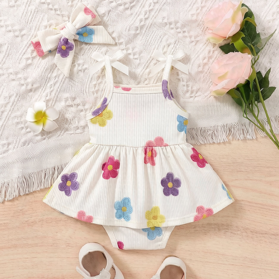 2PCS Whimsical 3D Floral Appliqué Sleeveless Baby Romper