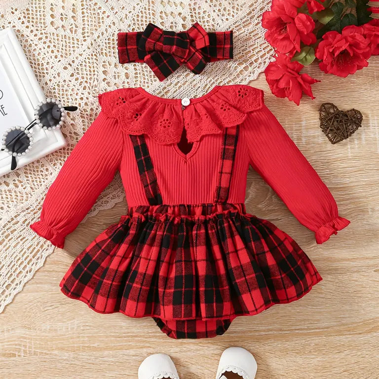 2PCS Elegant Christmas Plaid Printed Long Sleeve Lace Baby Romper